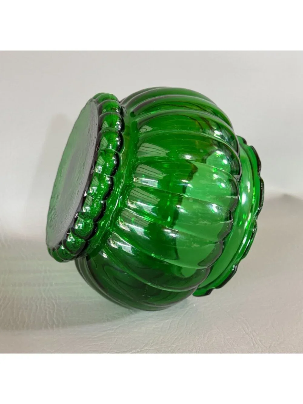 Vintage Forest Green Glass Rose Bowl Ribbed Bulbous Planter Ivy Vase 6